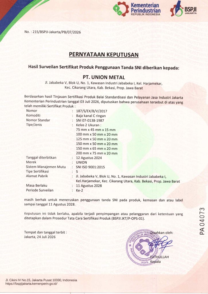 sni baja kanal c ringan union metal