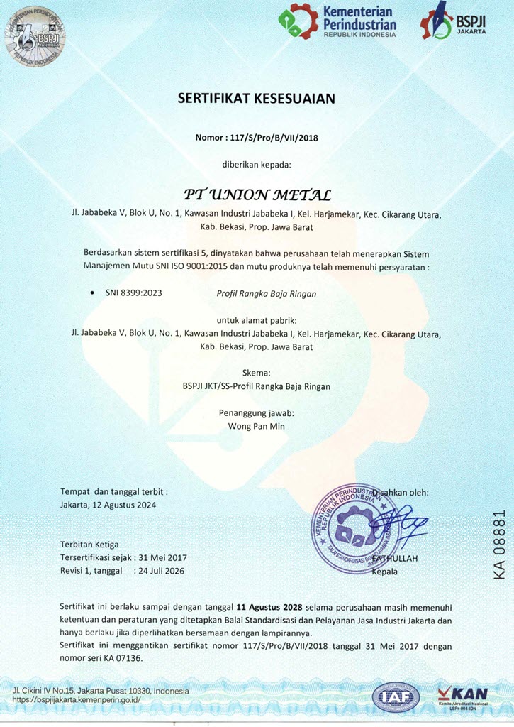 sni profil rangka baja ringan union metal